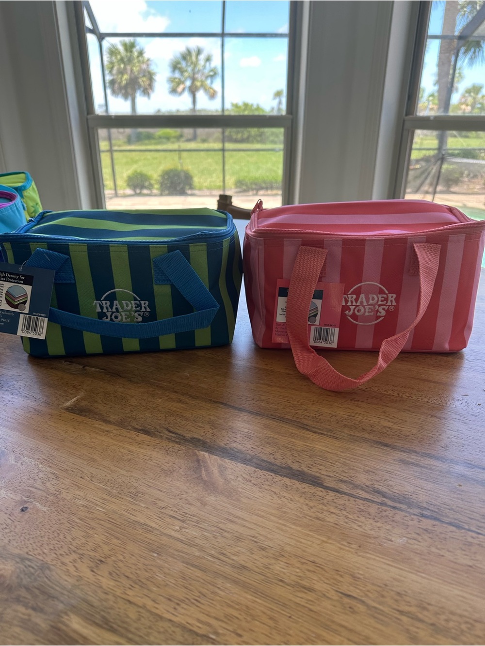 Set of Two - Trader Joe's Striped Insulated Lunch Tote - Pink and Blue